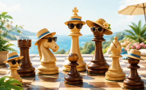 Schachfiguren mit Sonnenbrille am Strand.